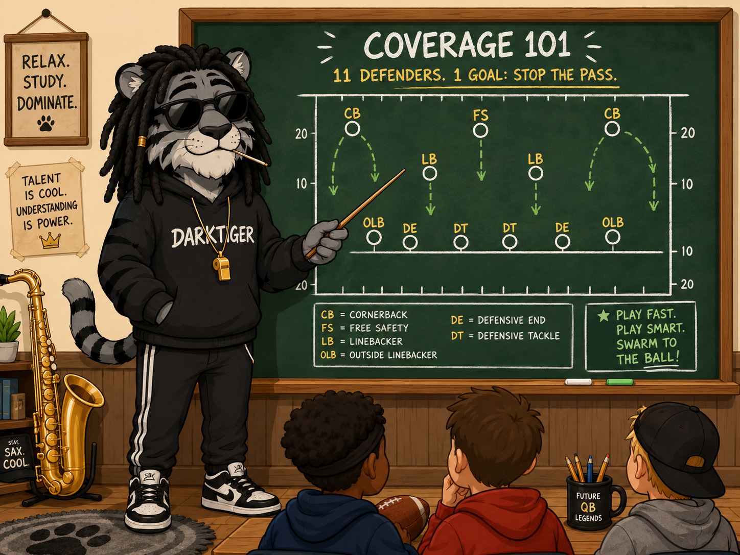 Coach Tiger teaching Coverage 101 in the classroom